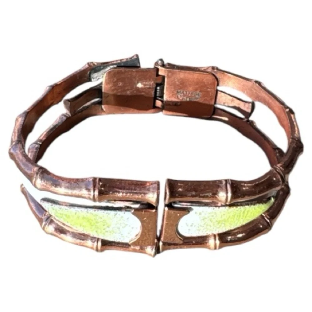 VTG MCM Matisse Renoir Copper Enamel Gold, Green, White Bamboo-Inspired Bracelet
